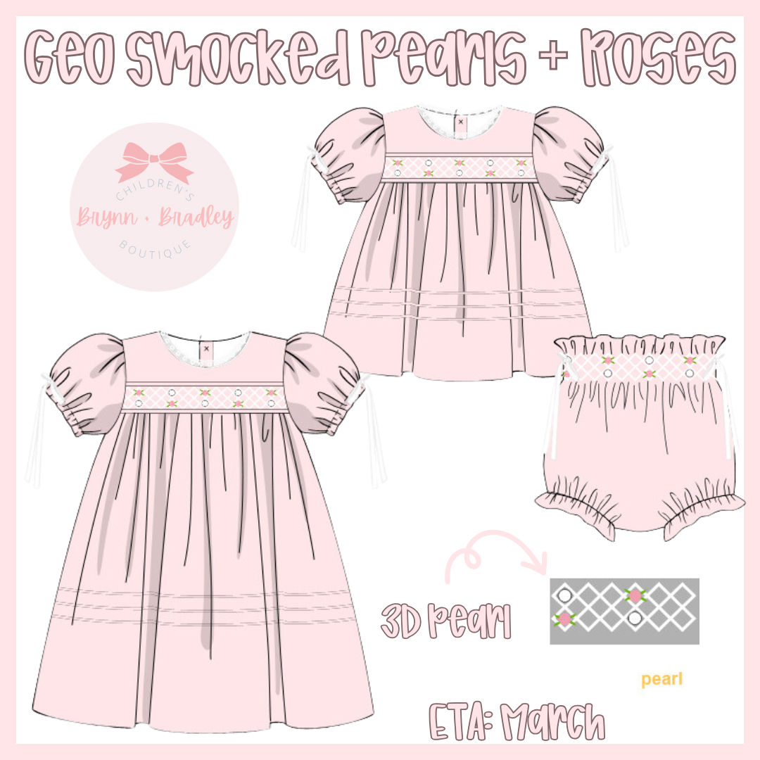 RTS: Girl’s Geo Smocked Pearls + Roses Dress