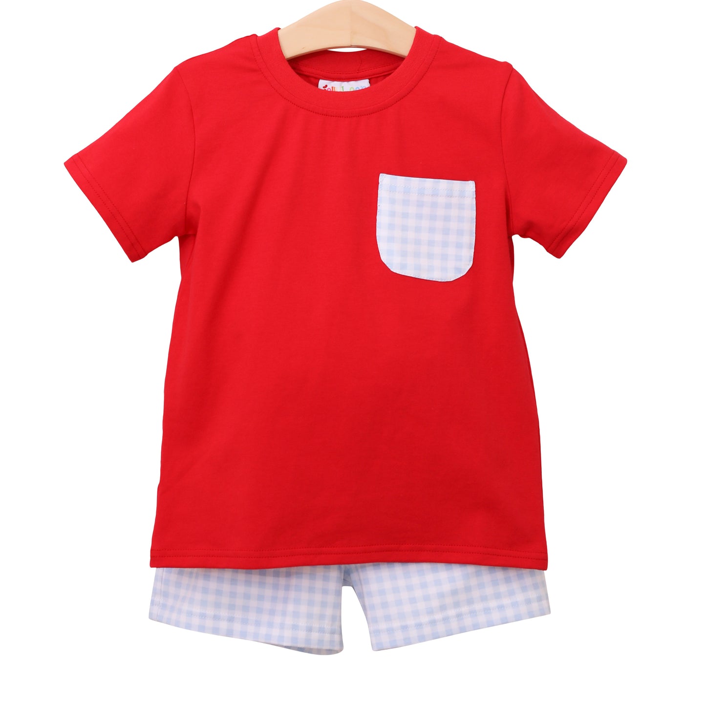 RTS: Boy's Blue Gingham/Red Pocket Shorts Set