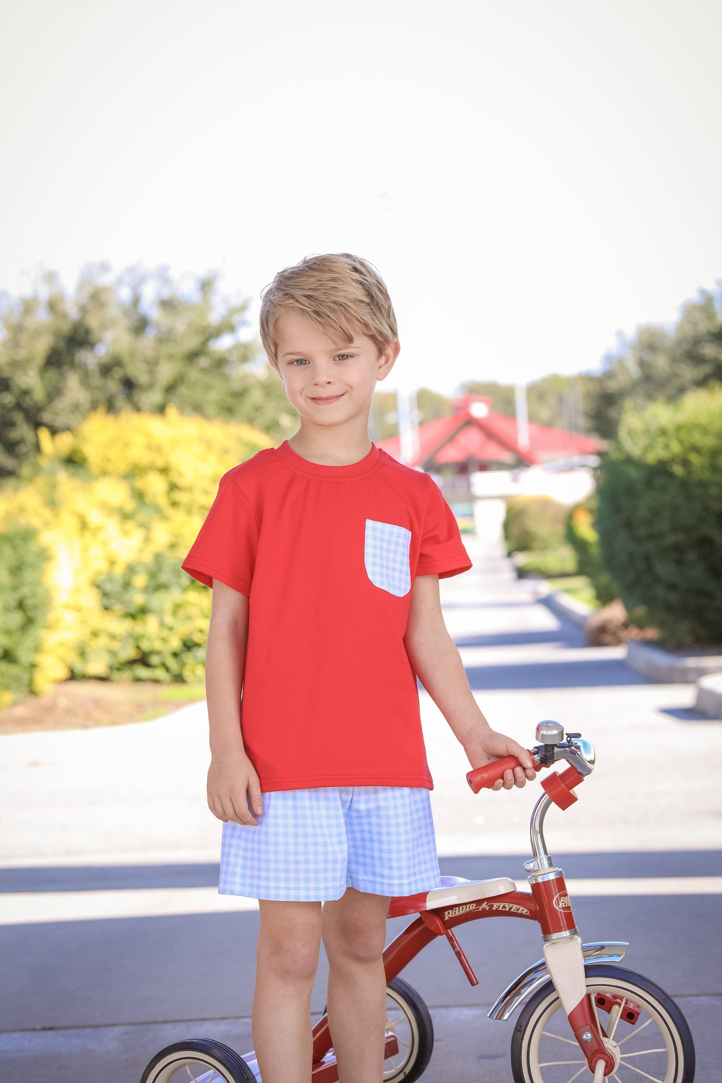 RTS: Boy's Blue Gingham/Red Pocket Shorts Set