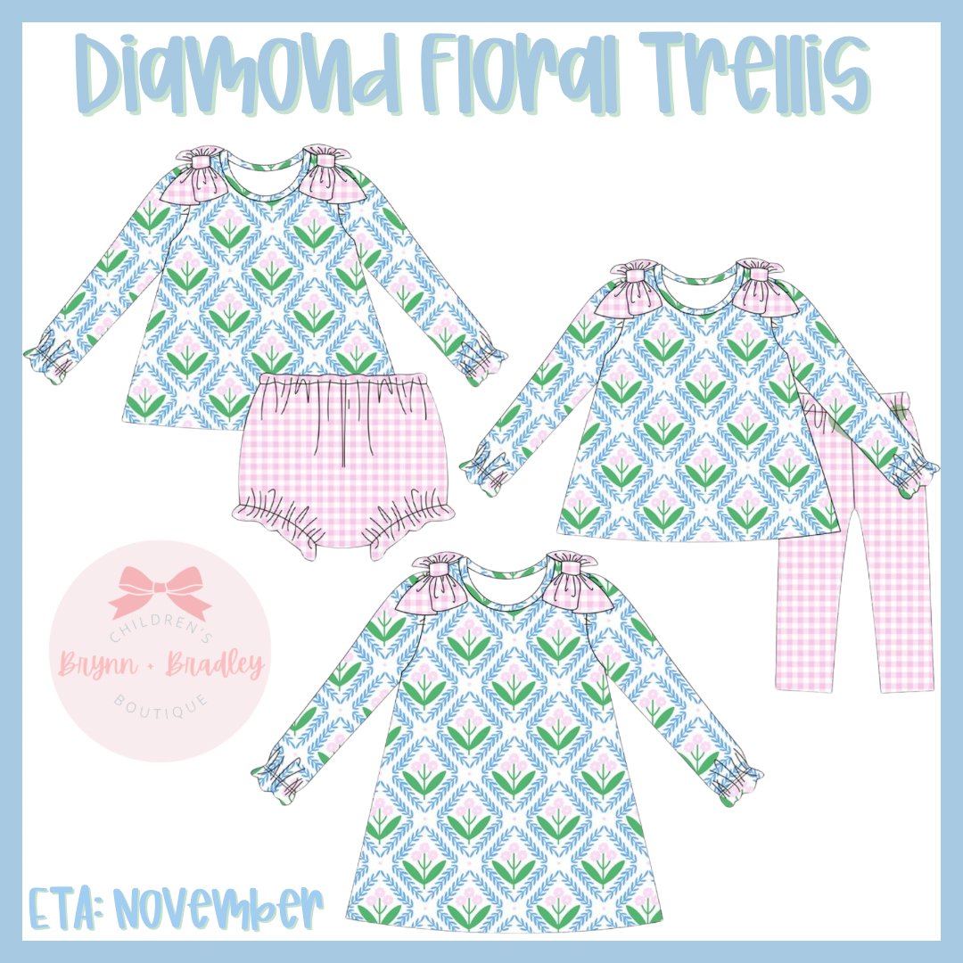 RTS: Girl’s Diamond Floral Trellis Diaper Set