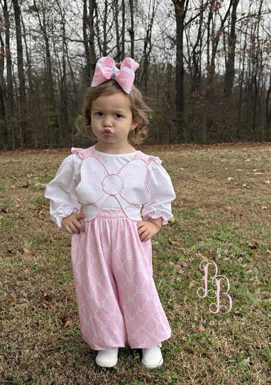 RTS: Bitty Dot Bow Appliqué Girl Romper Set