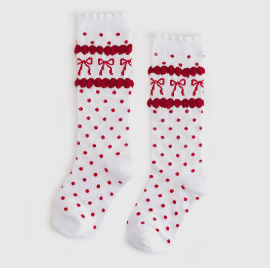 RTS: Little Stocking Co. Red Bow Scalloped Knee High Socks