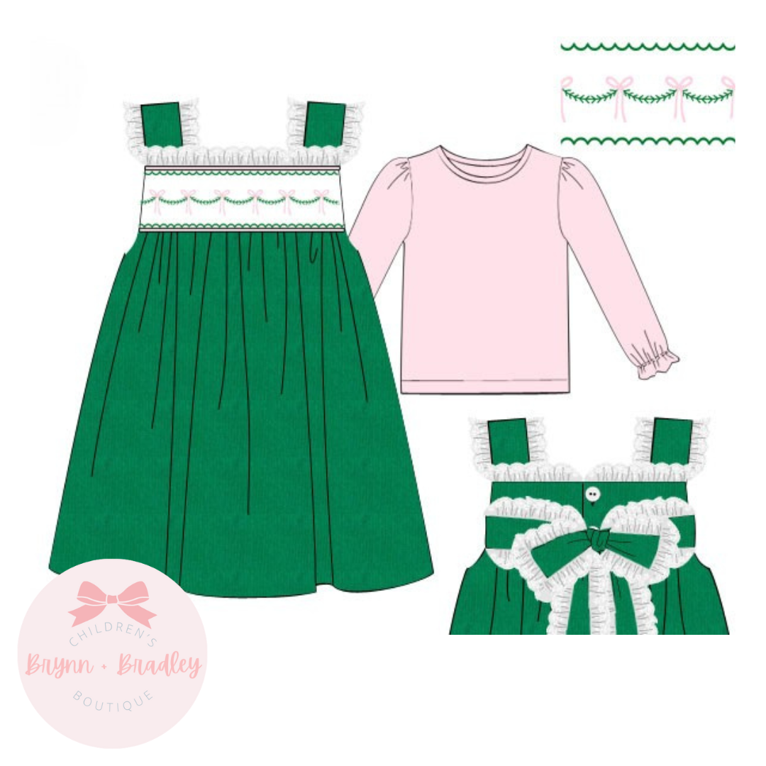 RTS: Girl’s Green Corduroy Bows Dress Set