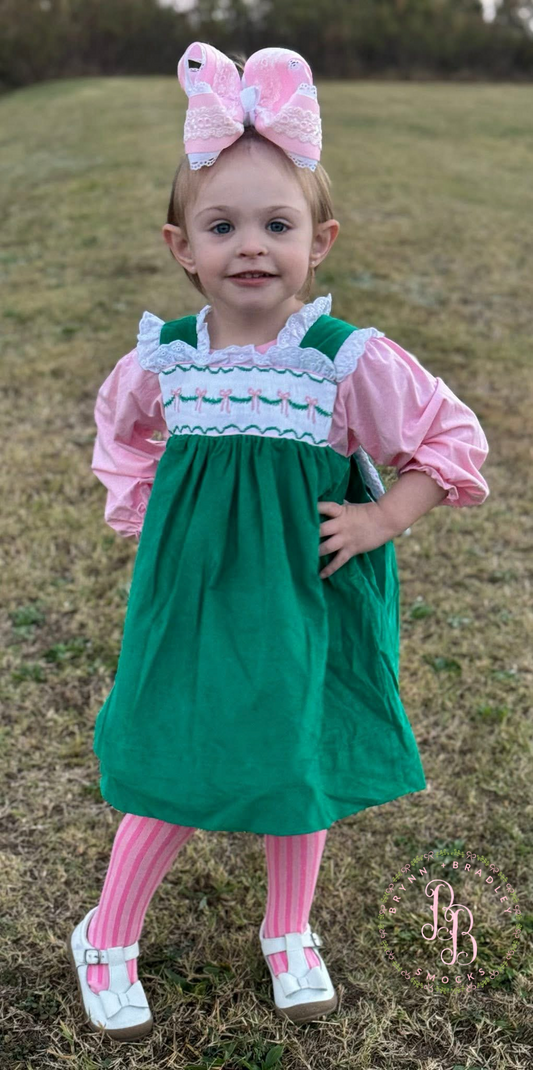 RTS: Girl’s Green Corduroy Bows  Dress Set
