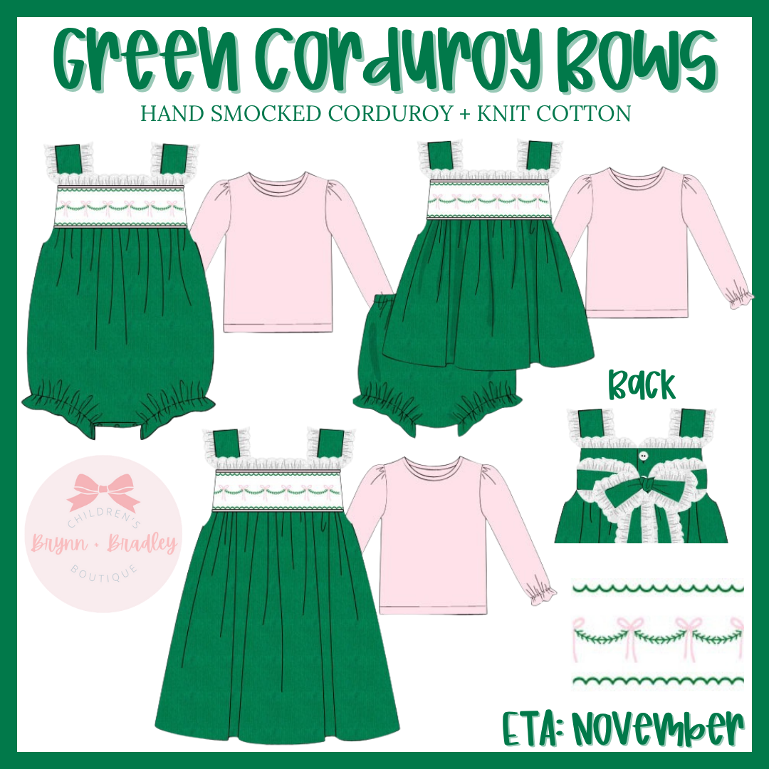 RTS: Girl’s Green Corduroy Bows Dress Set