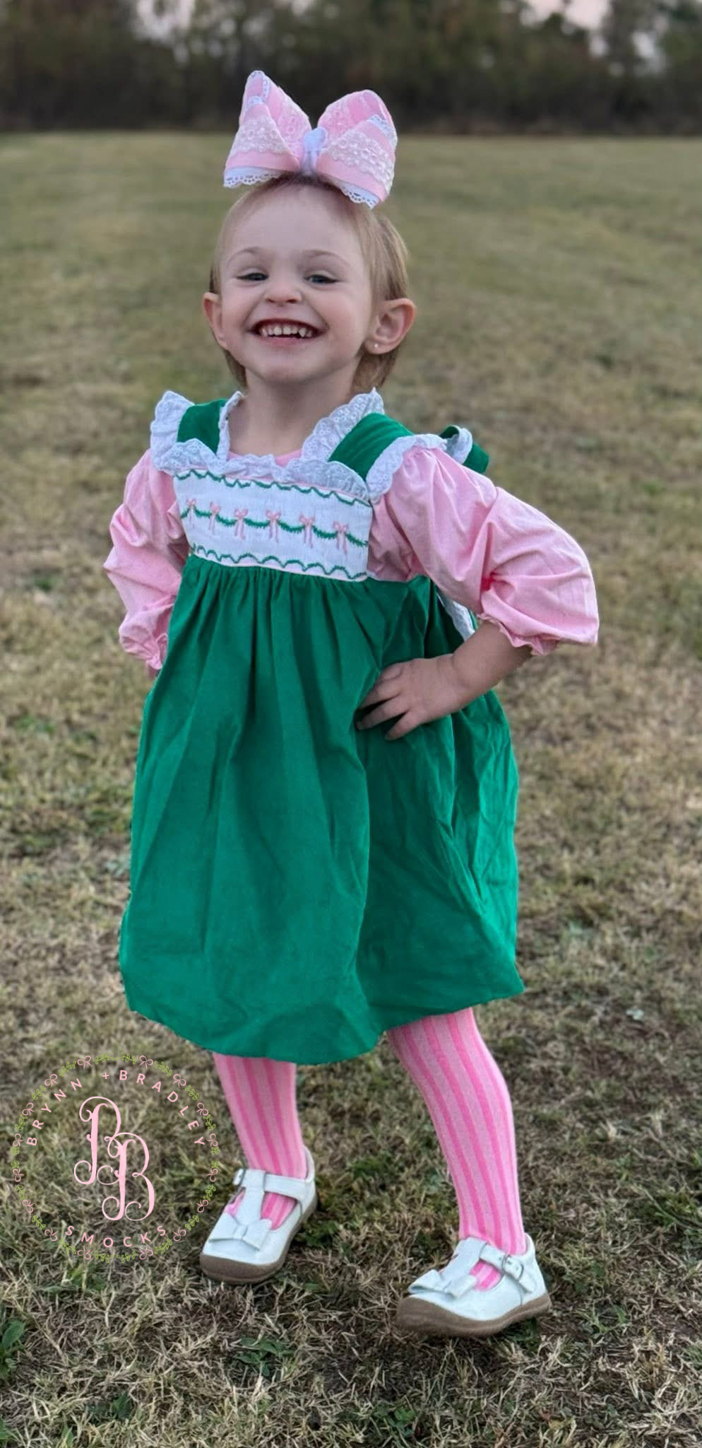 RTS: Girl’s Green Corduroy Bows Dress Set