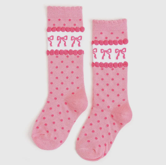 RTS: Little Stocking Co. Pink Bow Scalloped Knee High Socks