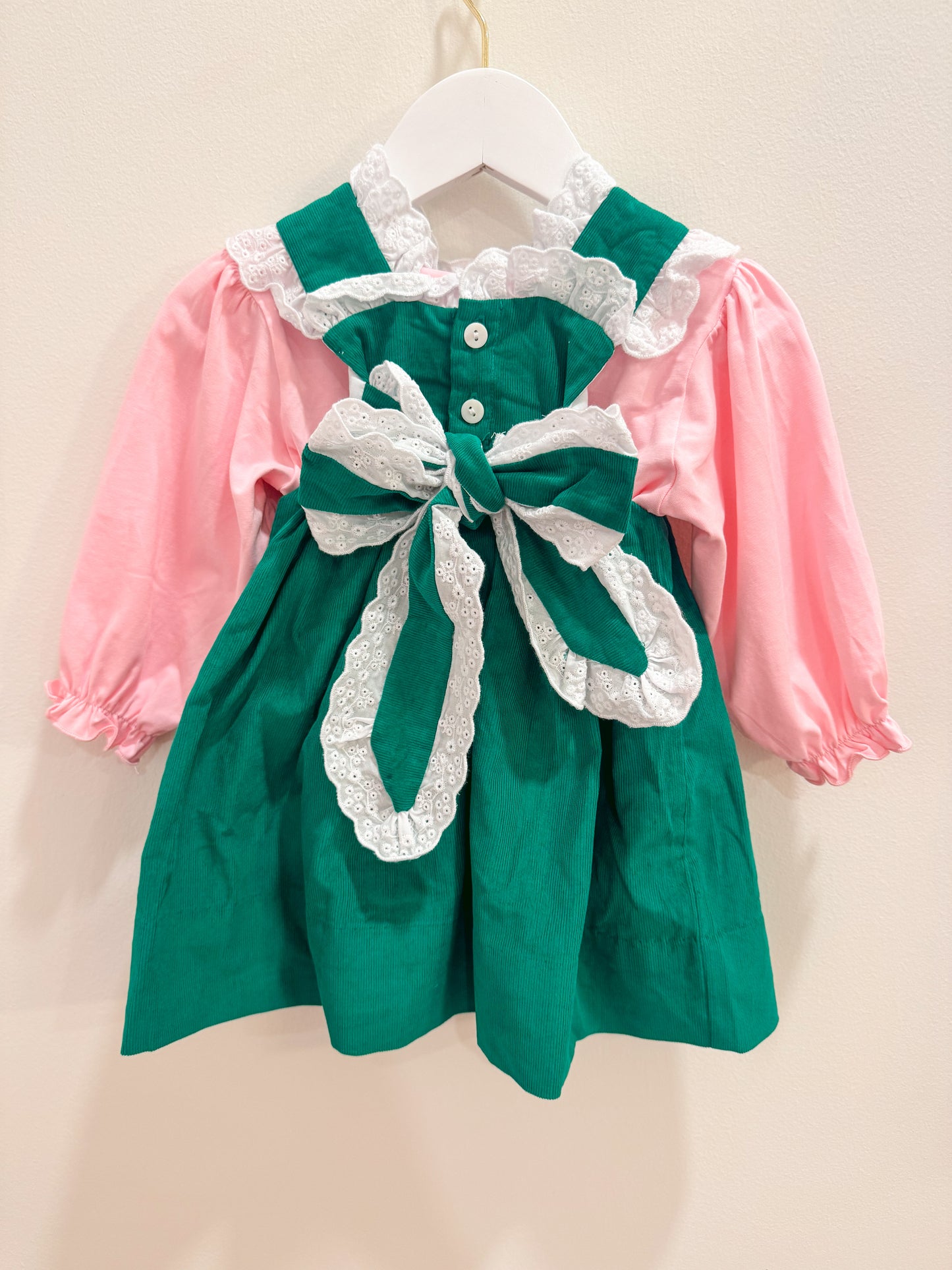 RTS: Girl’s Green Corduroy Bows Dress Set