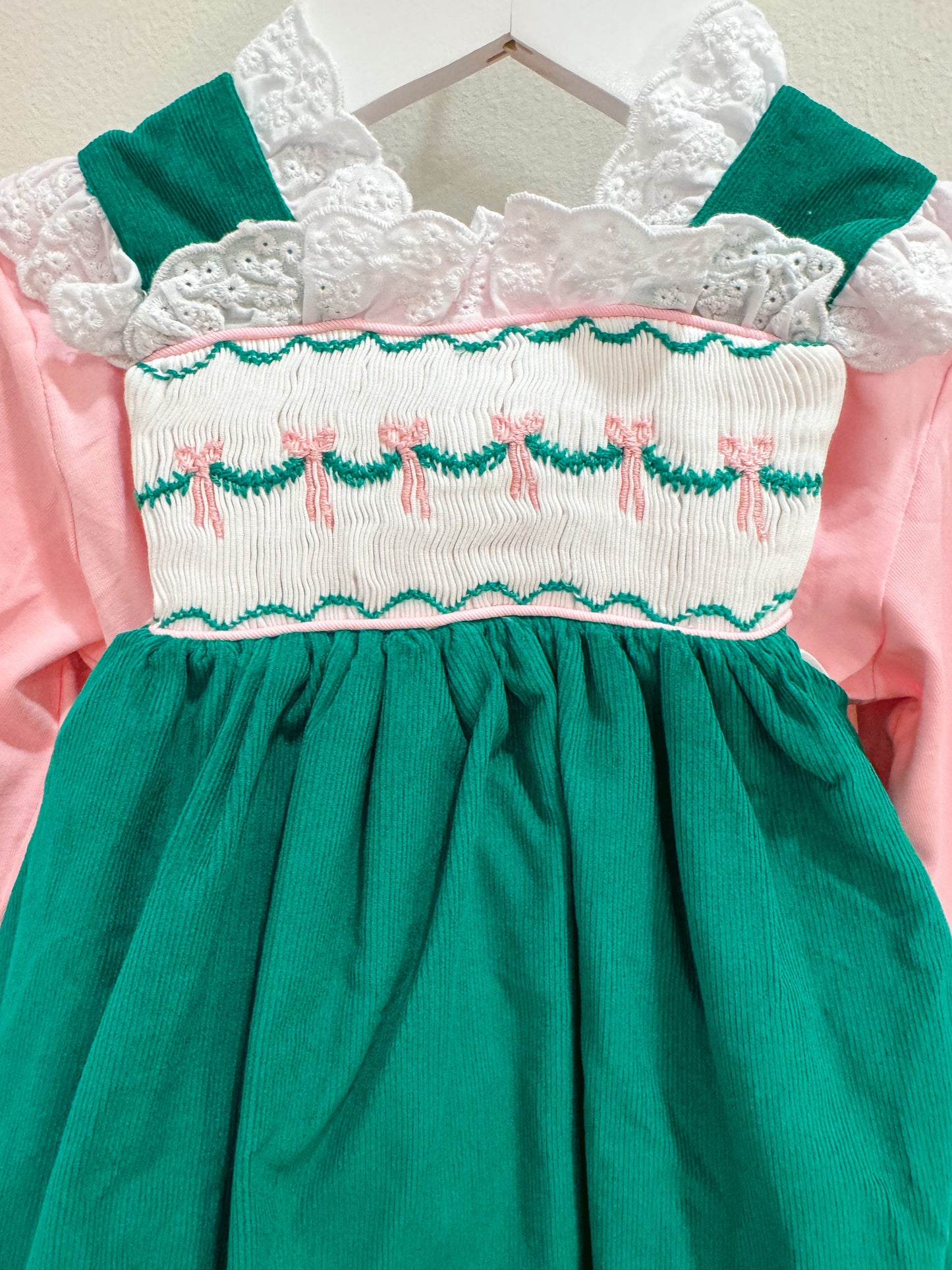 RTS: Girl’s Green Corduroy Bows Dress Set