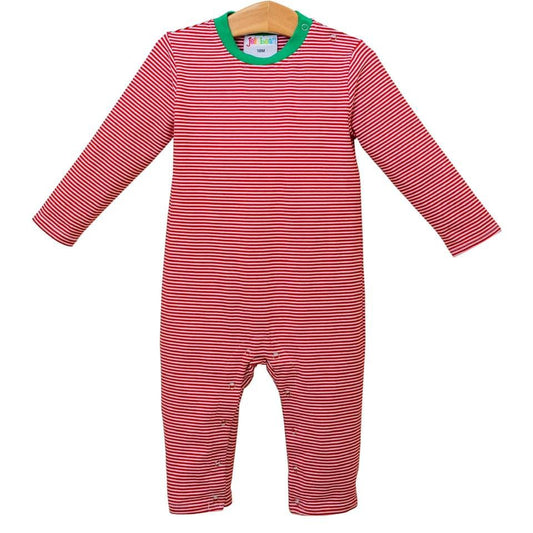 RTS: James Long Sleeve Romper- Red Stripe/Green