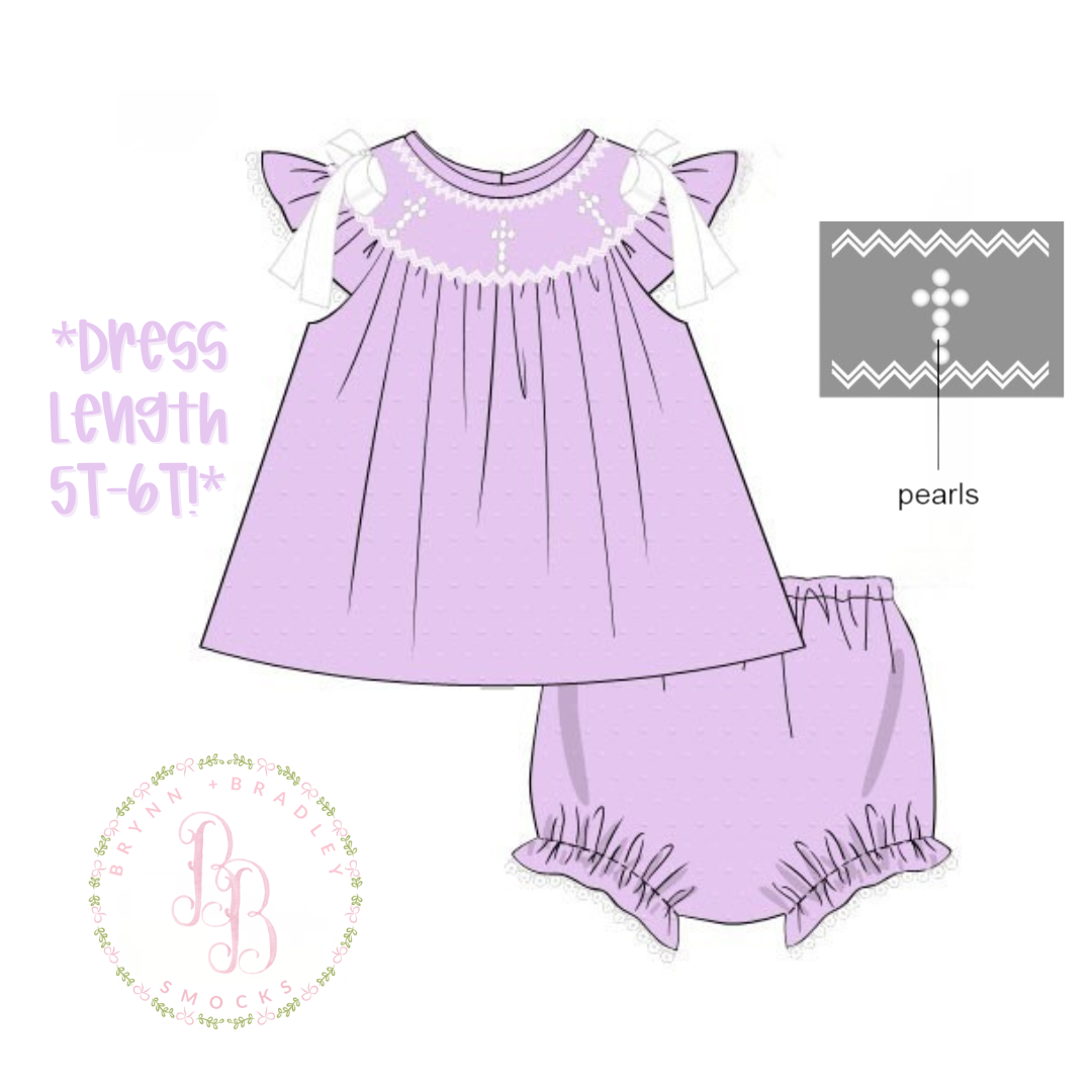 WS PO23: Smocked Pearl Crosses Girl Diaper Set